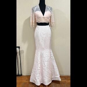 Sherri Hill 50877 blush pink mermaid lace bell sleeve mikado skirt gown NEW 2